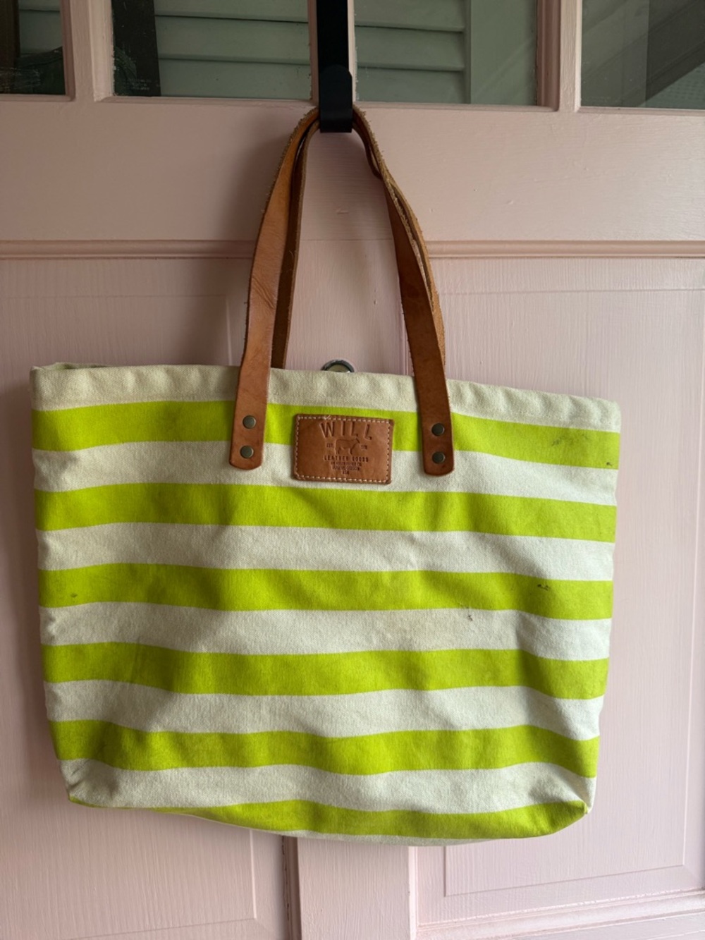 Will Leather Goods White and Lime Stripe Canvas Tote with Leather Handles